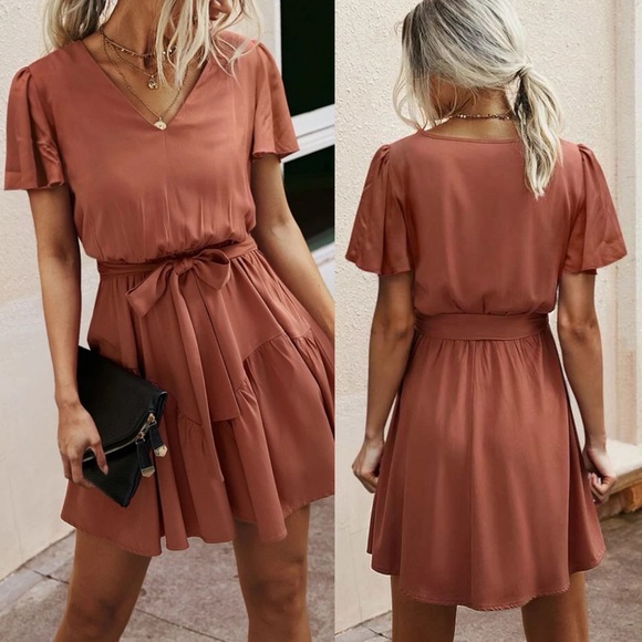 Short sleeve v neck belted flowy boho dress olive green - Picture 6 of 8